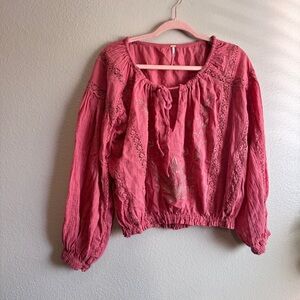 FREE PEOPLE Embroidered Peasant Blouse - Pink